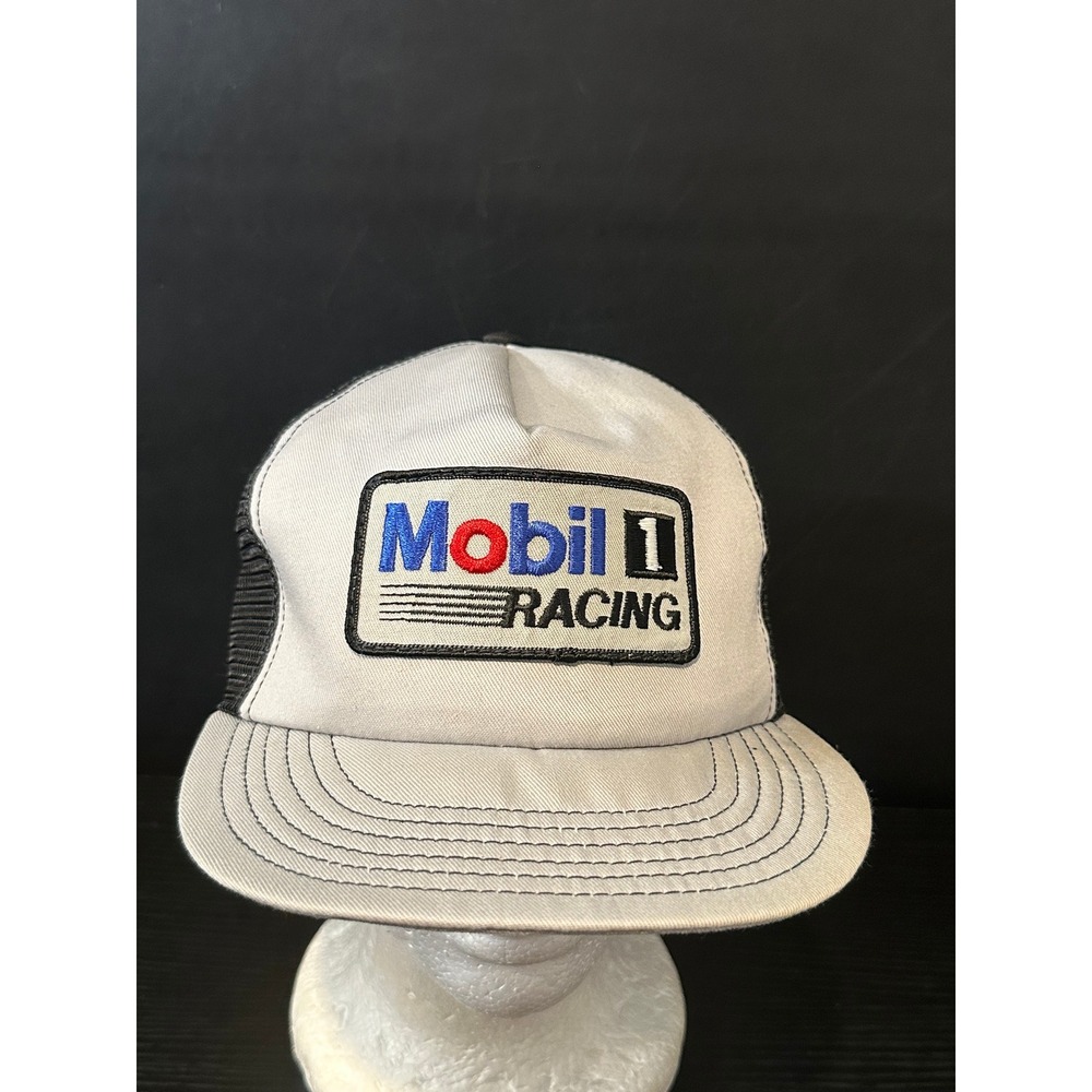 Vintage Mobil 1 Racing Trucker Hat Snapback Gray Black Mesh Cap Made in USA